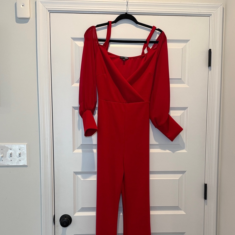 Red Cold-Shoulder Jumpsuit - Picture 2 of 3